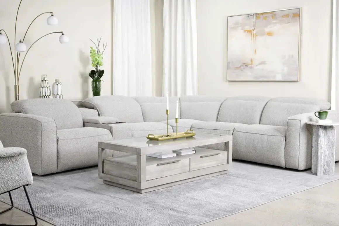 Amara 6 Piece 2 Power Sectional W/ 2 Power Armless Recliner In Tasmin Granite