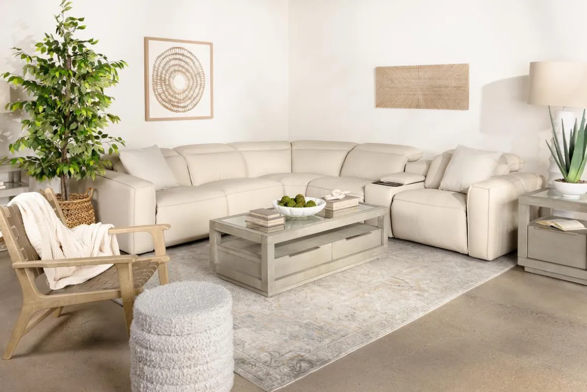 Amara 6 Piece 2 Power Sectional W/ 2 Power Armless Recliner In Tasmin Granite