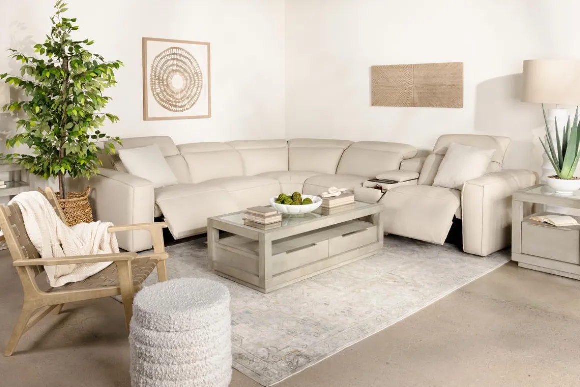 Amara 6 Piece 2 Power Sectional W/ 2 Power Armless Recliner In Tasmin Granite