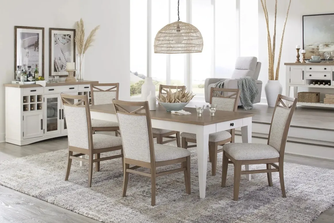 Americana Dining Table & 6 Upholstered Chairs In Brown/White