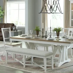 Americana Trestle Dining Table & 4 Chairs & Bench In Cotton