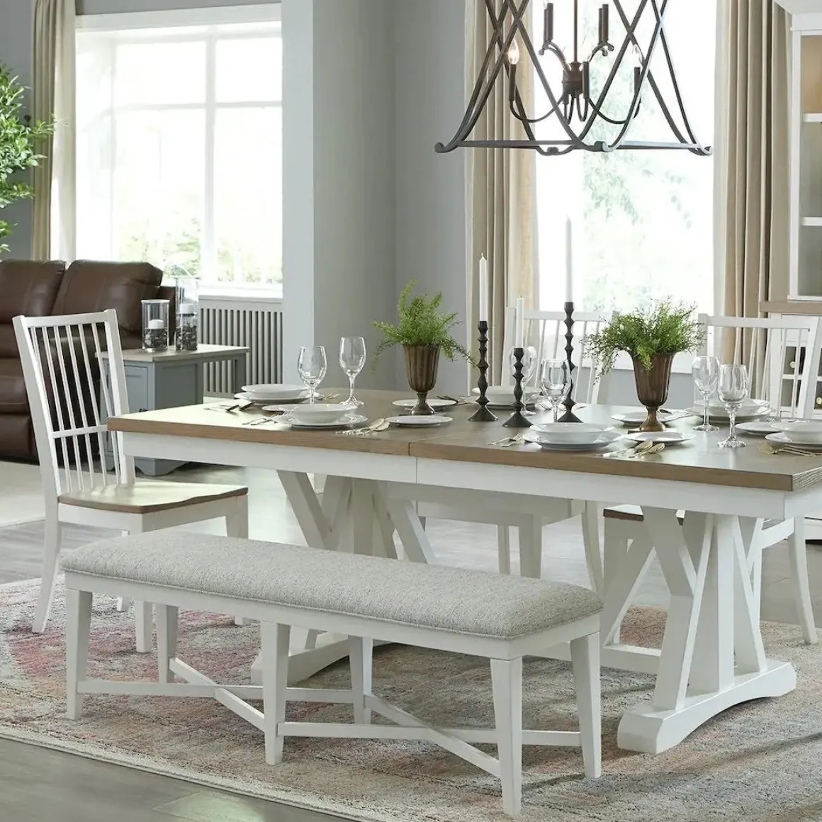 Americana Trestle Dining Table & 4 Chairs & Bench In Cotton