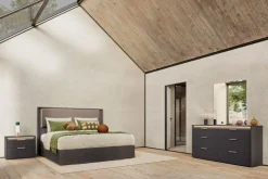 Amy Upholstered Panel Bed, Dresser, Mirror & Nightstand In Dark Oak, Queen