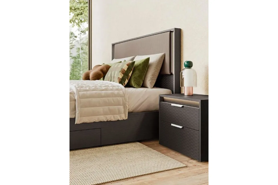 Amy Upholstered Panel Bed W/ Storage In Dark Oak, Queen