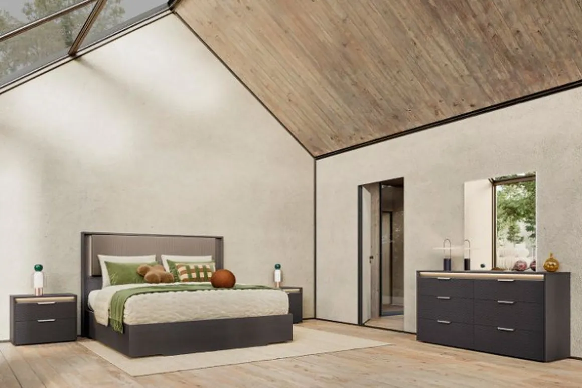 Amy Upholstered Panel Bed W/ Storage In Dark Oak, Queen