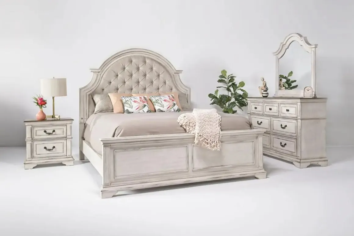 Anastasia Upholstered Panel Bed, Dresser, Mirror & Nightstand, Queen