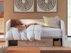 Arloster Upholstered Daybed W/ Storage Trundle In Tan/White, Twin