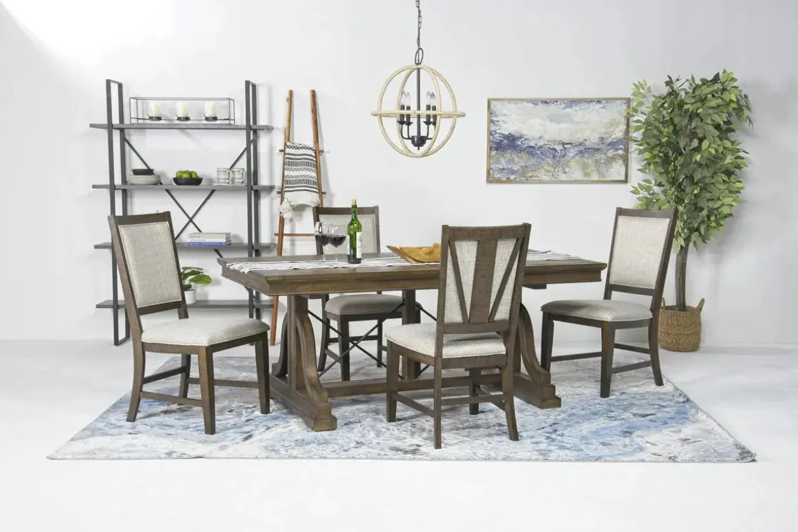 Bay Creek Extendable Dining Table & 4 Upholstered V-Back Chairs In Toasted Nutmeg