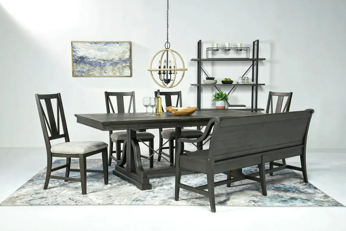 Bay Creek Extendable Dining Table, 4 V-Back Chairs & High Back Bench In Graphite
