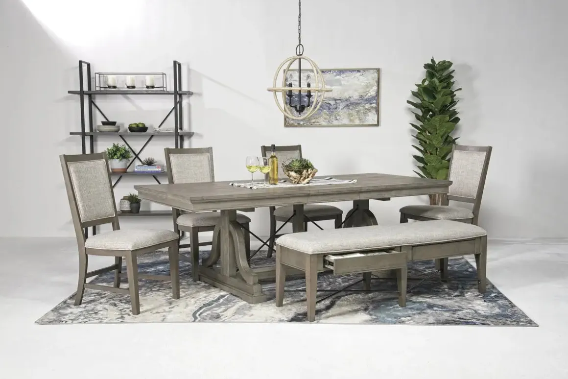 Bay Creek Extendable Dining Table, 4 V-Back Chairs & High Back Bench In Graphite
