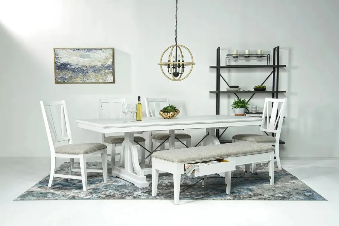 Bay Creek Extendable Dining Table, 4 V-Back Chairs & High Back Bench In Graphite