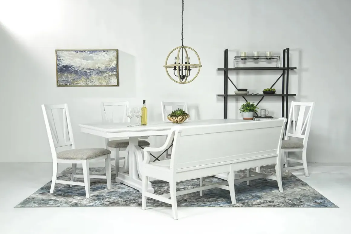 Bay Creek Extendable Dining Table, 4 V-Back Chairs & High Back Bench In Graphite