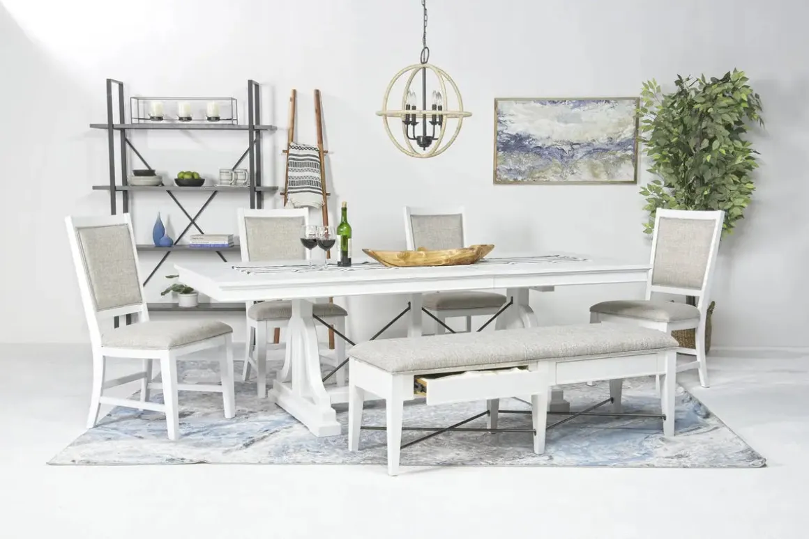 Bay Creek Extendable Dining Table, 4 V-Back Chairs & High Back Bench In Graphite