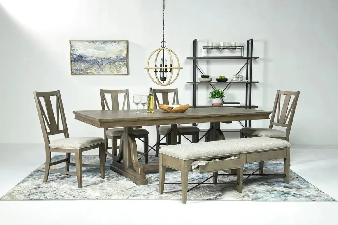 Bay Creek Extendable Dining Table, 4 V-Back Chairs & High Back Bench In Graphite