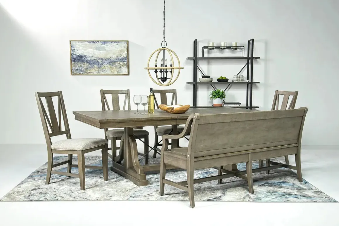 Bay Creek Extendable Dining Table, 4 V-Back Chairs & High Back Bench In Graphite