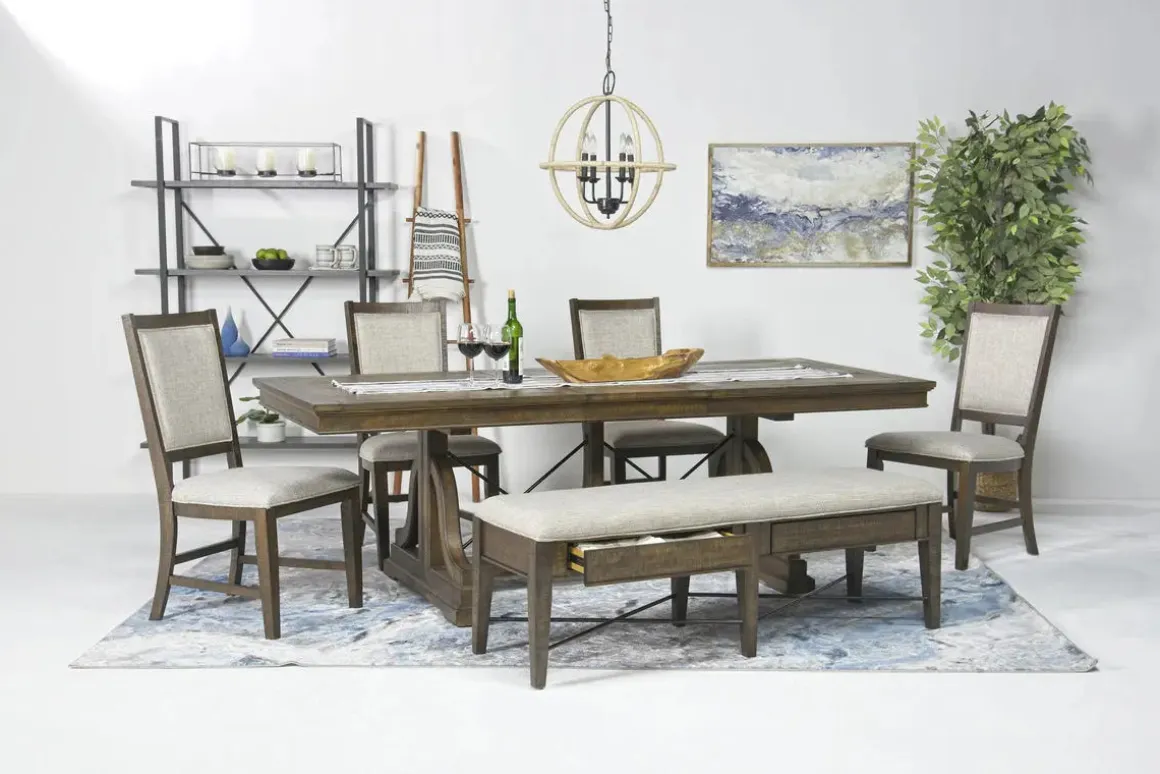 Bay Creek Extendable Dining Table, 4 V-Back Chairs & High Back Bench In Graphite