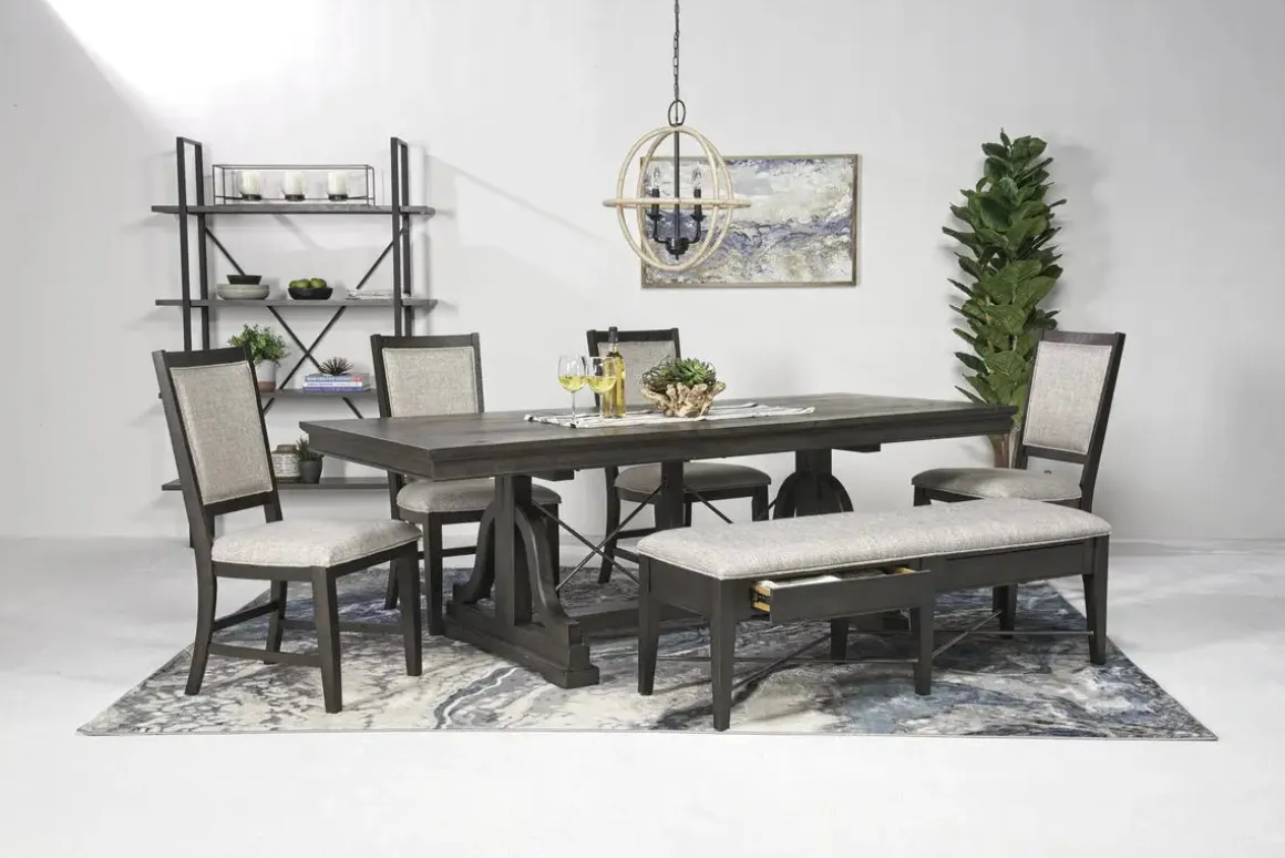 Bay Creek Extendable Dining Table, 4 V-Back Chairs & High Back Bench In Graphite