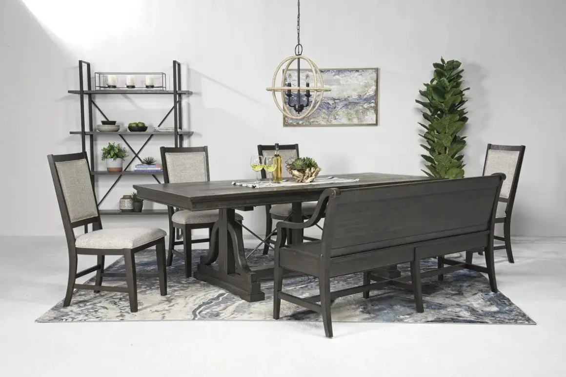 Bay Creek Extendable Dining Table, 4 V-Back Chairs & High Back Bench In Graphite
