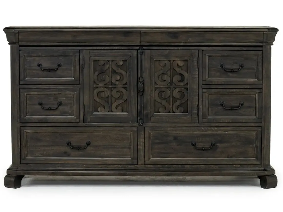 Bellamy Sleigh Bed, Dresser, Mirror & 4 Drawer Nightstand In Charcoal, Queen