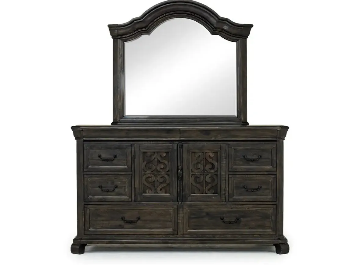 Bellamy Sleigh Bed, Dresser, Mirror & 4 Drawer Nightstand In Charcoal, Queen