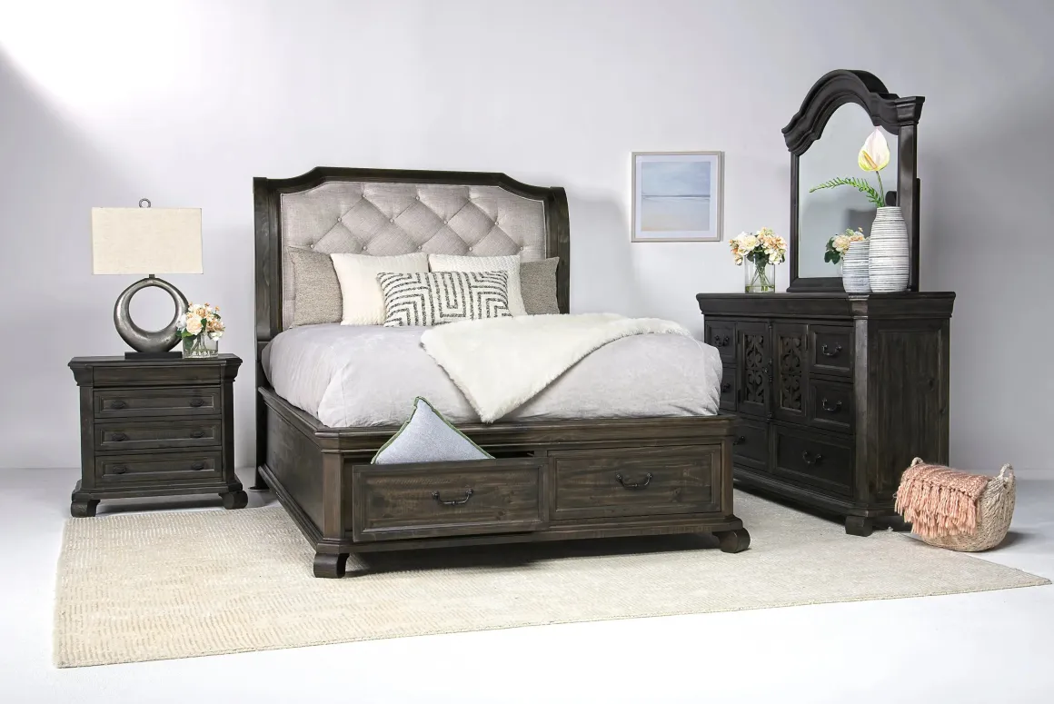 Bellamy Sleigh Bed, Dresser, Mirror & 4 Drawer Nightstand In Charcoal, Queen
