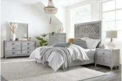 Boho Chic Platform Bed, Dresser, Mirror & Nightstand In Washed White, Full