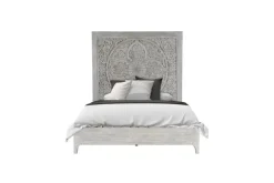 Boho Chic Platform Bed, Dresser, Mirror & Nightstand In Washed White, Full