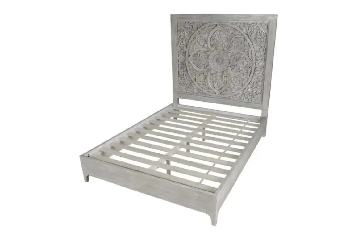 Boho Chic Platform Bed In Washed White, Full