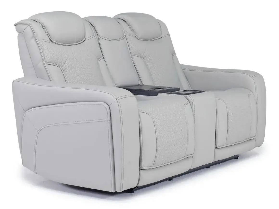 Bowden 2 Power Console Loveseat W/ Cooler In Blanca Light Gray Leather