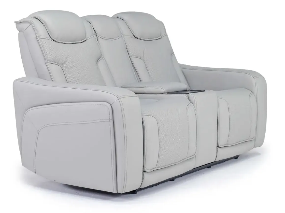 Bowden 2 Power Console Loveseat W/ Cooler In Blanca Light Gray Leather