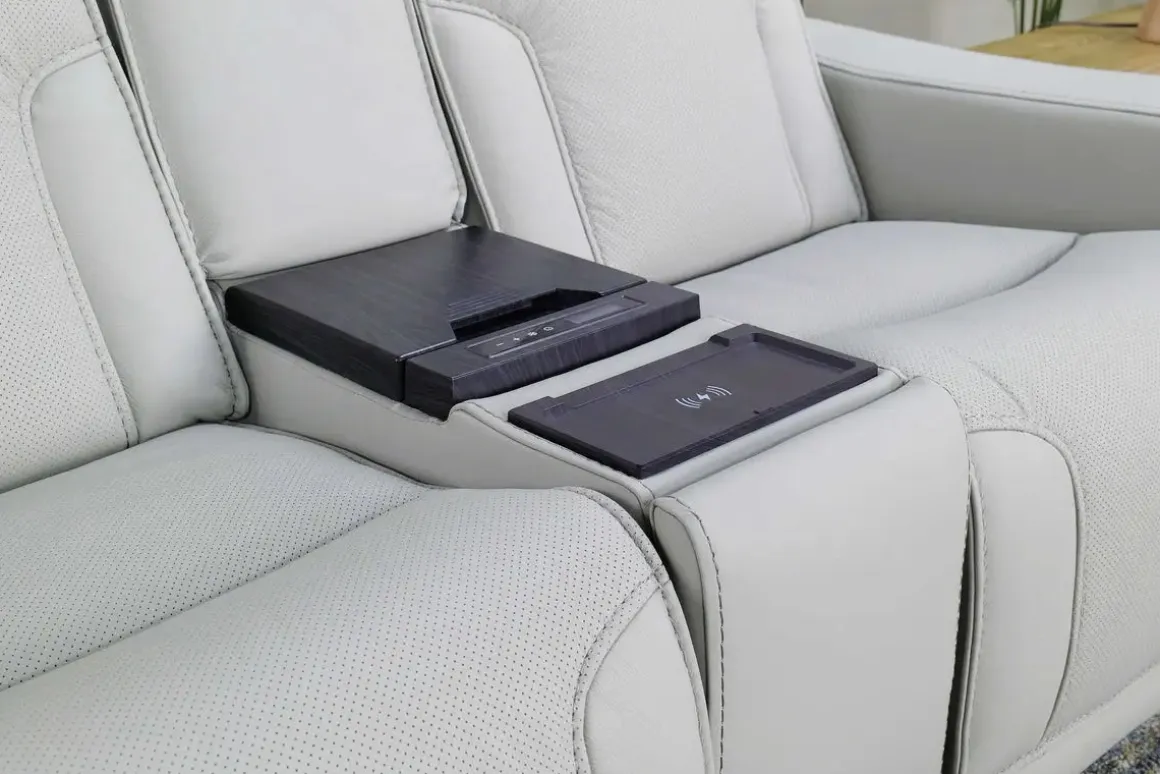 Bowden 2 Power Console Loveseat W/ Cooler In Blanca Light Gray Leather