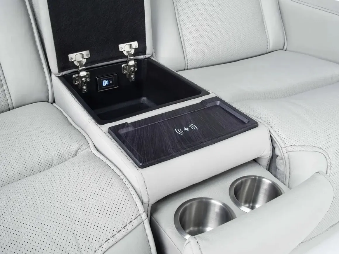 Bowden 2 Power Console Loveseat W/ Cooler In Blanca Light Gray Leather