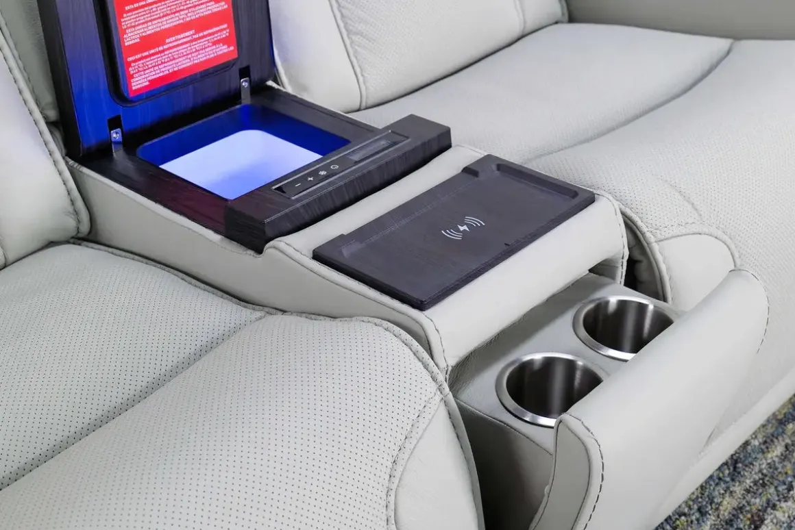 Bowden 2 Power Console Loveseat W/ Cooler In Blanca Light Gray Leather