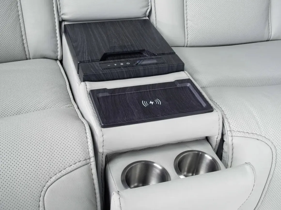 Bowden 2 Power Console Loveseat W/ Cooler In Blanca Light Gray Leather