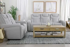 Bowden 2 Power Console Loveseat W/ Cooler In Blanca Light Gray Leather