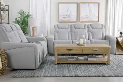 Bowden 2 Power Console Loveseat W/ Cooler In Blanca Light Gray Leather