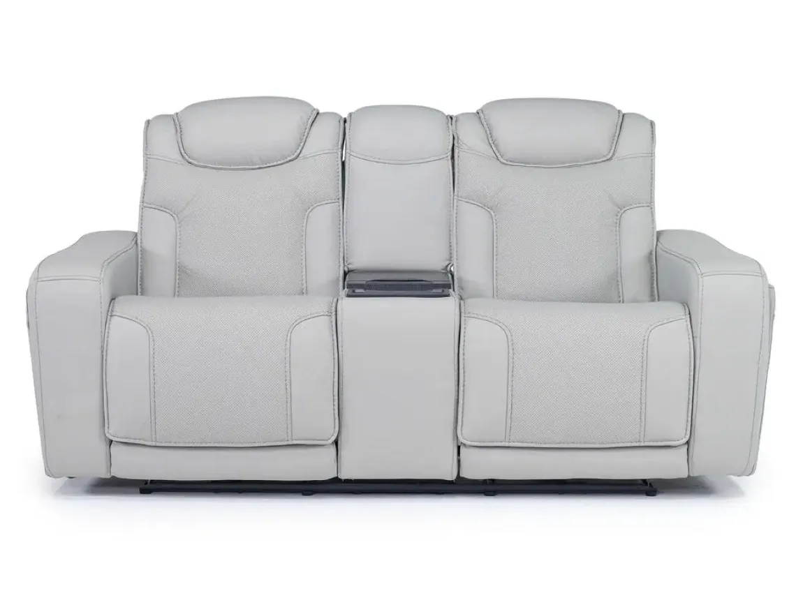 Bowden 2 Power Console Loveseat W/ Cooler In Blanca Light Gray Leather