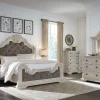 Bruchandi Upholstered Panel Bed, Dresser, Mirror & Nightstand In Antique White, Queen