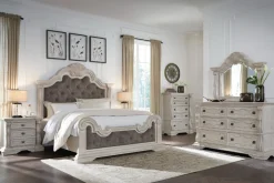 Bruchandi Upholstered Panel Bed, Dresser, Mirror & Nightstand In Antique White, Queen