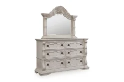 Bruchandi Upholstered Panel Bed, Dresser, Mirror & Nightstand In Antique White, Queen