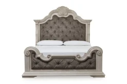 Bruchandi Upholstered Panel Bed, Dresser, Mirror & Nightstand In Antique White, Queen