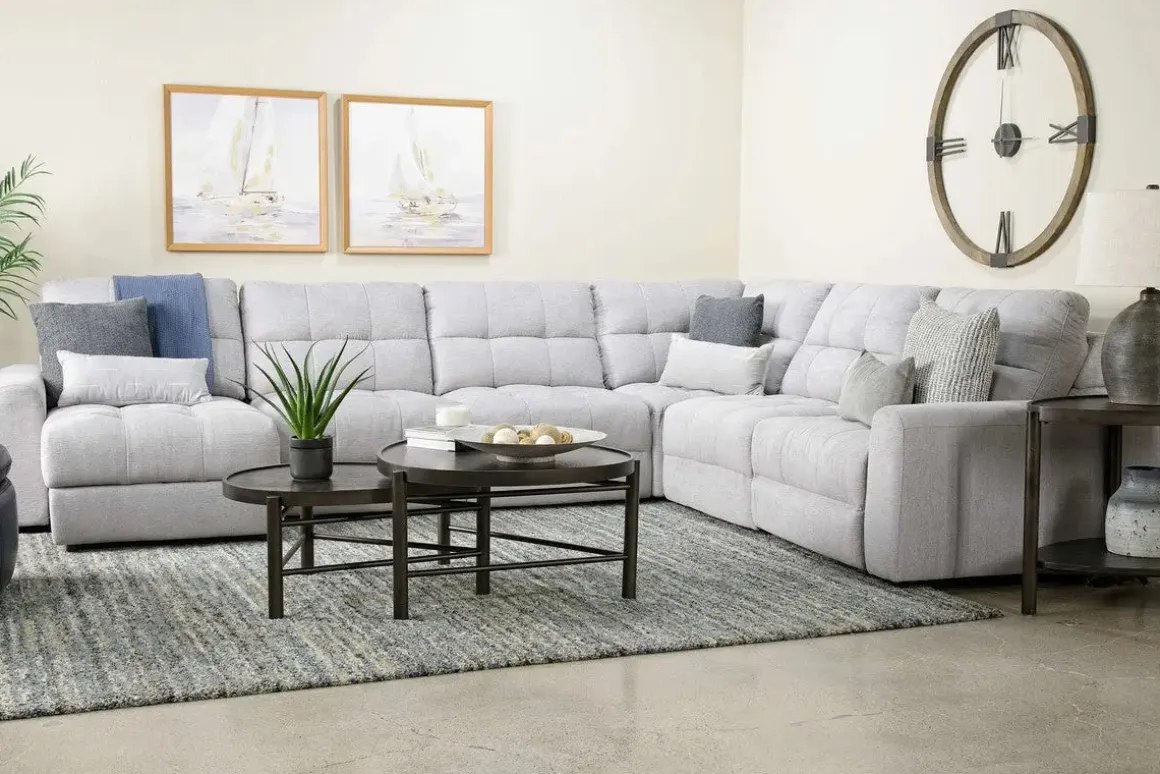 Bryce 6 Piece Power Sliding Sectional W/ Storage Chaise & Armless Slider In Savannah Coin, Left Facing