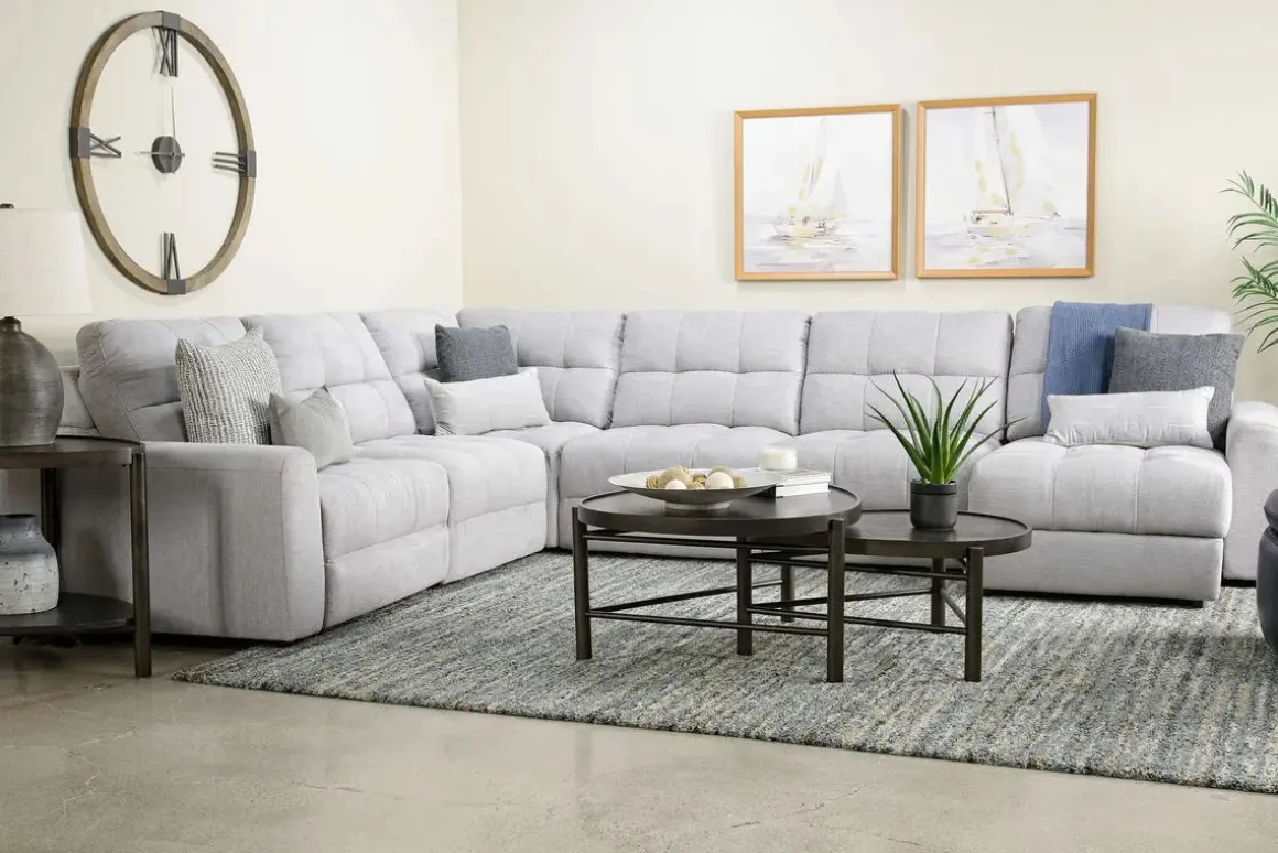 Bryce 6 Piece Power Sliding Sectional W/ Storage Chaise & Armless Slider In Savannah Coin, Left Facing