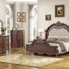 Constantine Upholstered Bed, Dresser, Mirror & Nightstand In Cherry, Queen