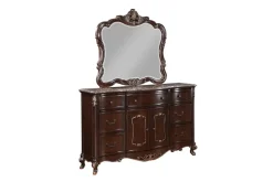 Constantine Upholstered Bed, Dresser, Mirror & Nightstand In Cherry, Queen