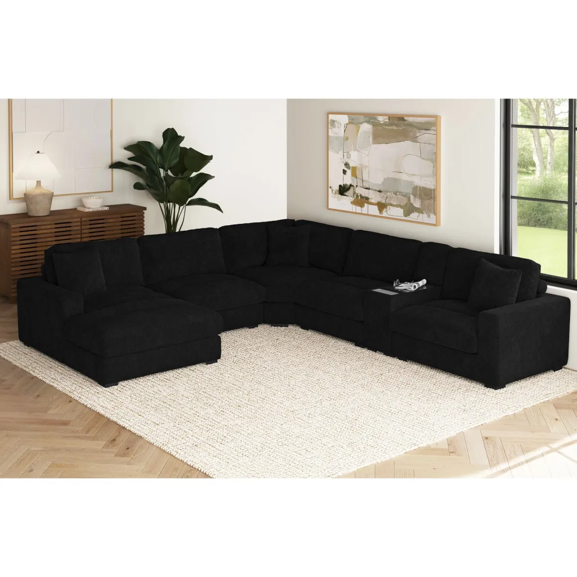 Cuddle Cloud 6 Piece Chaise Sectional In Black, Left Facing