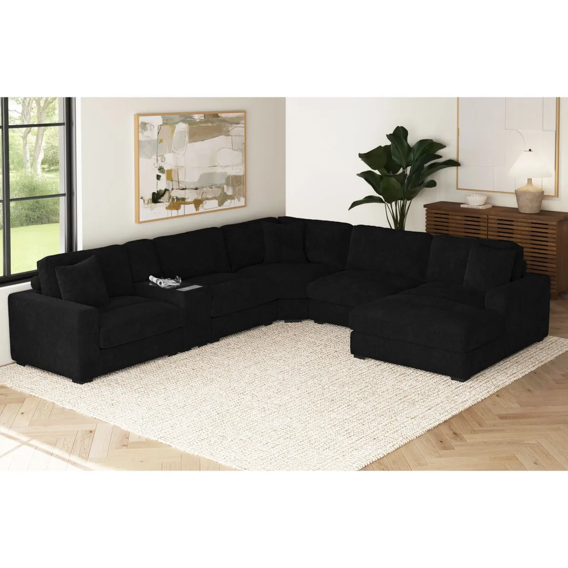 Cuddle Cloud 6 Piece Chaise Sectional In Black, Left Facing