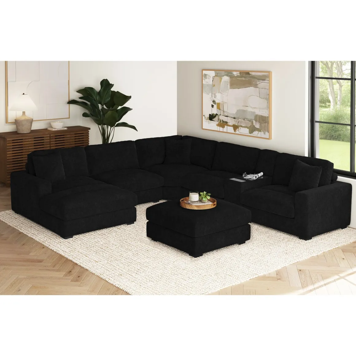 Cuddle Cloud 6 Piece Chaise Sectional In Black, Left Facing