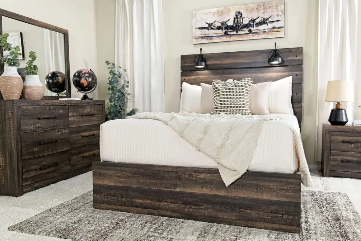 Dallas Panel Bed W/ Lights, Dresser, Mirror & Nightstand In White Wash, Twin