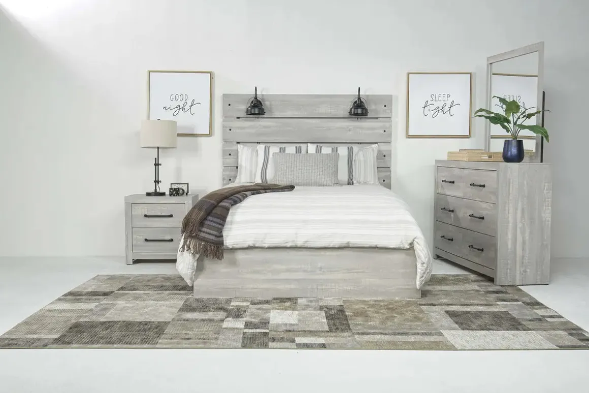 Dallas Panel Bed W/ Lights, Dresser, Mirror & Nightstand In White Wash, Twin